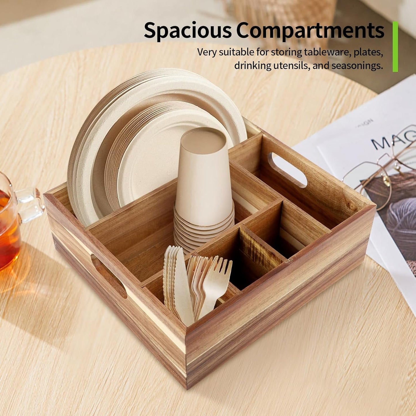Acacia Wood Utensil Holder with 6 Compartments Wooden Utensil Organizer for Counter, Spoon Plate Cup Holder for Kitchen, Party, Camping