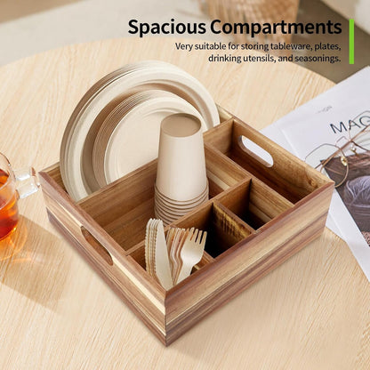Acacia Wood Utensil Holder with 6 Compartments Wooden Utensil Organizer for Counter, Spoon Plate Cup Holder for Kitchen, Party, Camping