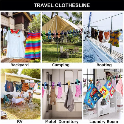 Cyanmor 2 Pack Portable Clothesline with 12 Clothespins, Retractable Travel Windproof Clothesline with Climbing Clip, Suitable for Camping, Hotel Indoor and Outdoor Use(Blue)
