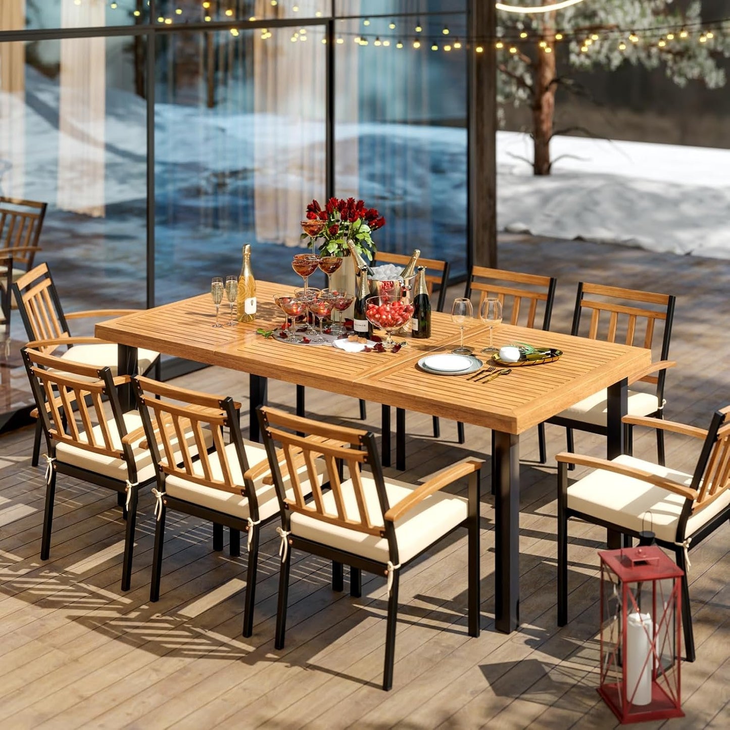 RELAX4LIFE Patio Outdoor Dining Table for 8, 79’’ x 39.5’’ Acacia Wood Rectangular Table w/Slatted Top, Umbrella Hole & Metal Legs, Indoor Outdoor Picnic Bistro Table, 8-Person Patio Dining Table