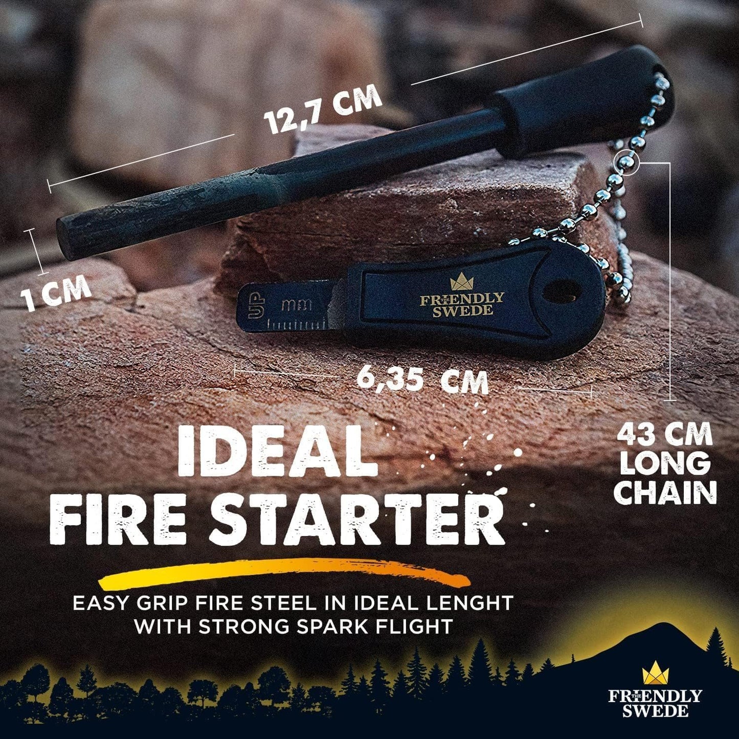 The Friendly Swede Ferro Rod Fire Starter Tool 2-Pack - Flint and Steel Fire Starter Survival Tool with Long Ferro Rod; Weatherproof Camping Fire Starter; Easy Grip Flint and Steel Fire Starter Kit