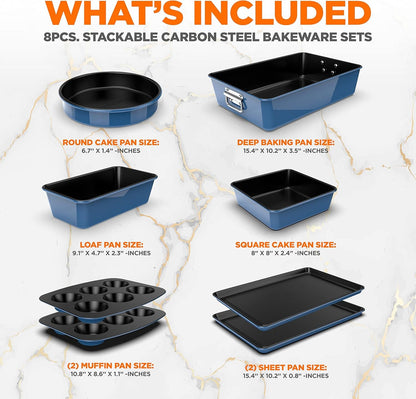 NutriChef, Baking Set, Baking and Cookie Sheets for Oven, Nonstick Stackable Bakeware Tray, Essential Baking Supplies, 8 Piece, Blue
