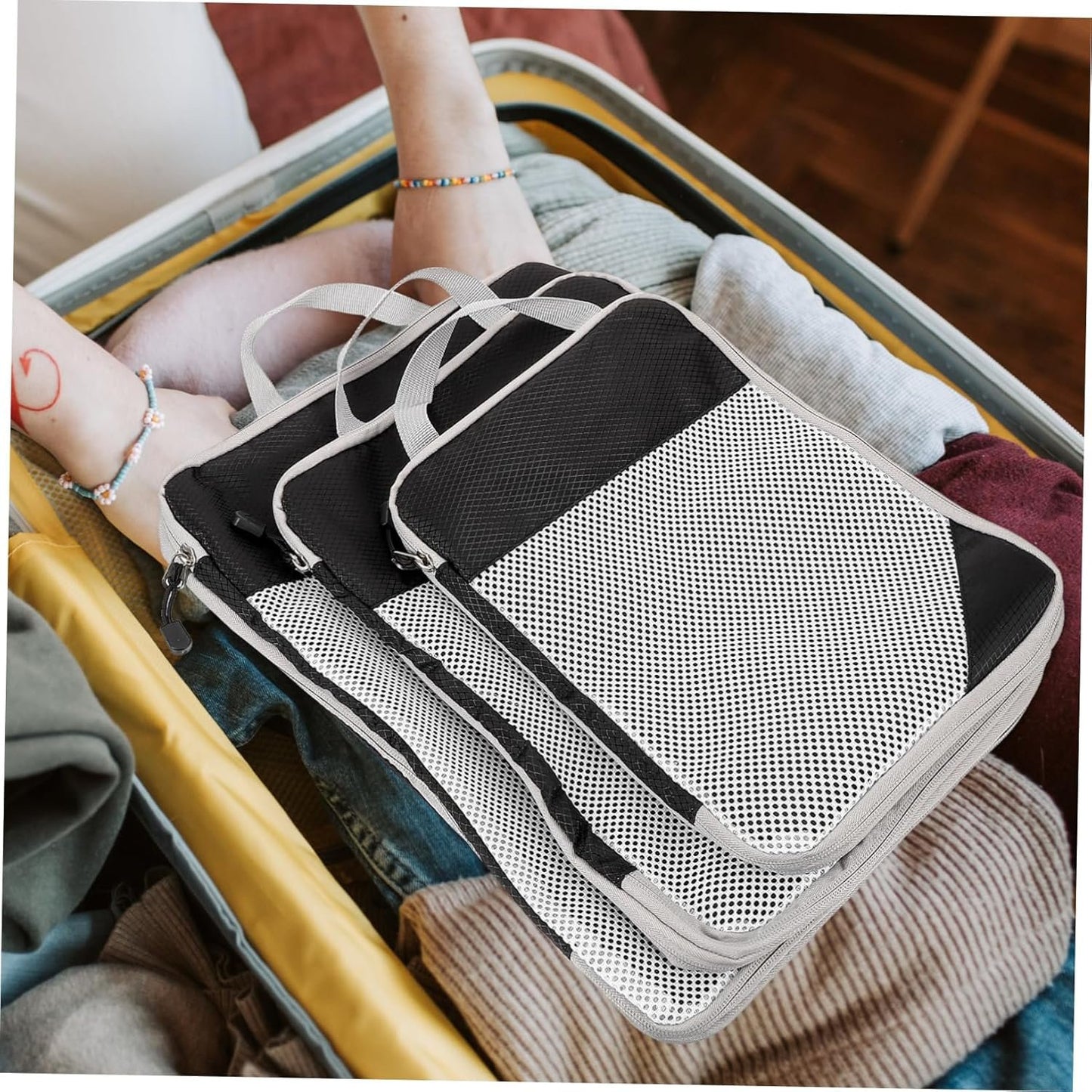 PartyKindom 4pcs Compression Packing Cubes for Luggage Organization Durable Travel Storage Bags with Mesh Design