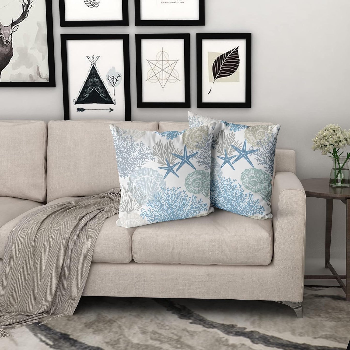 Nautical Coastal Throw Pillow Covers 18x18 Inch Summer Ocean Themed Seashell Coral Starfish Pillow Cases Set of 2 Soft Cotton Square Cushion Covers for Home Couch Sofa Patio Bedroom