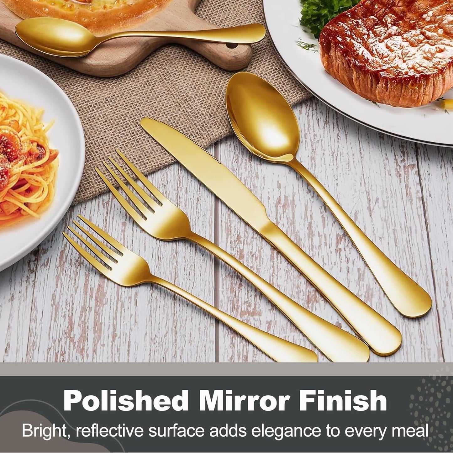 Runfly Gold Silverware Set, 40 Piece Flatware Cutlery Set for 8, Stainless Steel Silverware, Mirror Polished Cutlery Utensil Set Includes Knife Fork Spoon for Home Kitchen Restaurant
