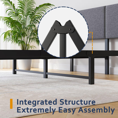 Queen Bed Frame, DUMEE Bed Frame Queen Size with Upholstered Headboard, Upholstered Bed Frame with Metal Slats Enhanced Support, No Box Spring Needed, Dark Gray Queen Bed