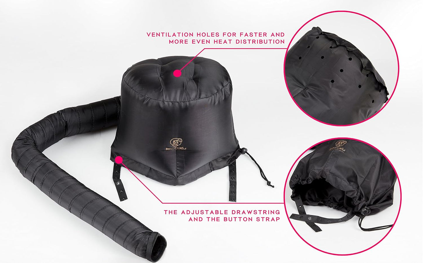 BEAUT'E SEOUL Soft Bonnet Hair Dryer Attachment - Upgraded Adjustable & Large Hood for Hand Held Dryers - Soft Blow Dryer Caps for Natural Curly Textured Hair Styling, Deep Conditioning & Fast Drying