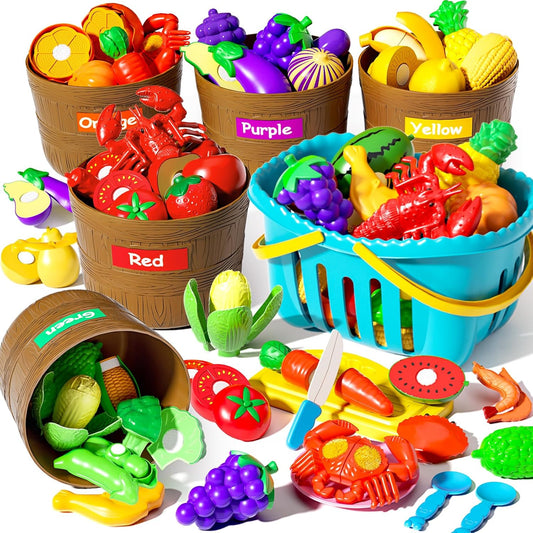 47PCS Play Food Set,Cutting Food Toy for Toddlers,Pretend Play Kitchen Accessories for Kids,Color Sorting Learning Toys for Boys Girls 3+