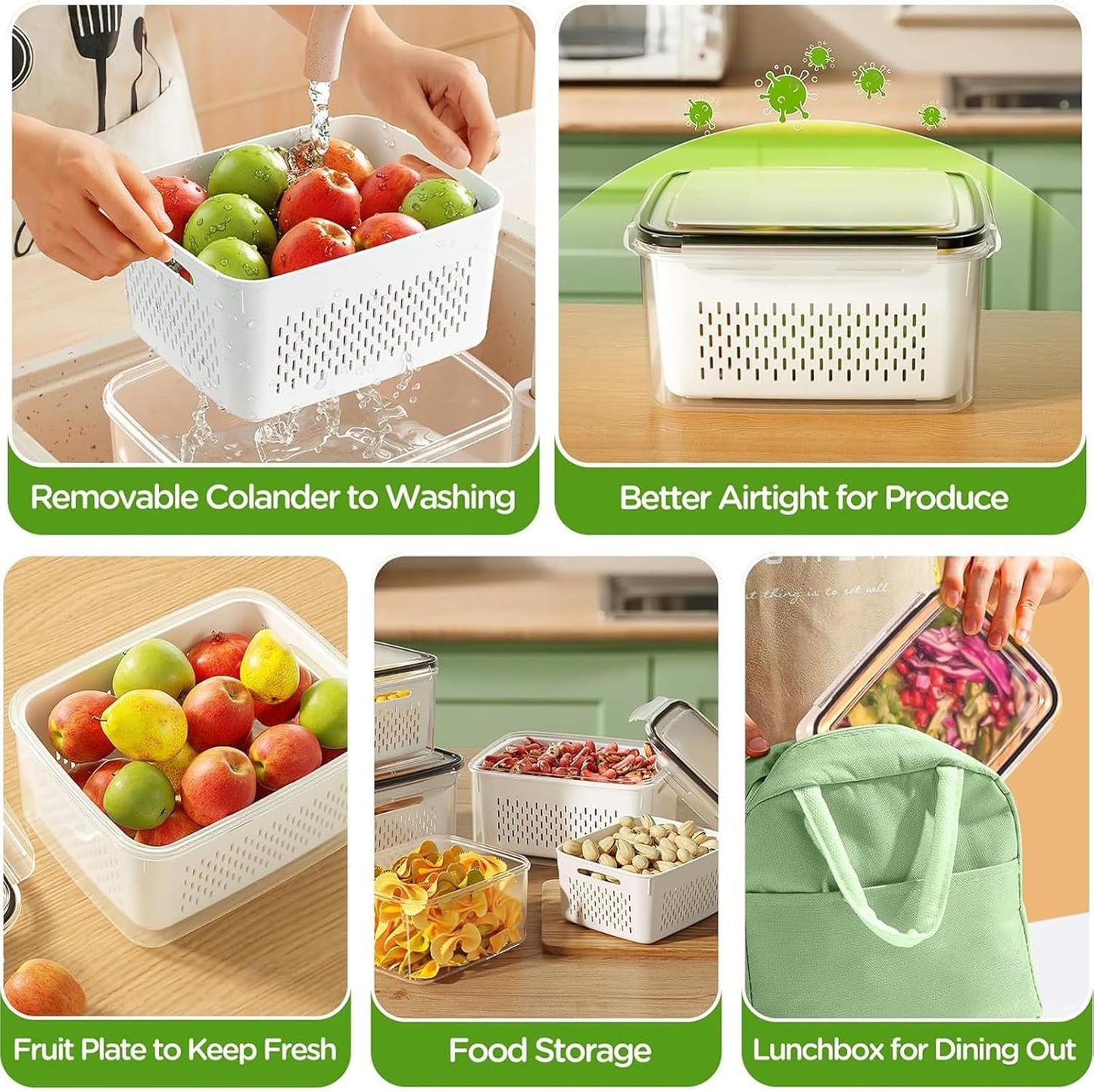 Fruit Storage Containers For Fridge, 5 Pack Leakproof Food Storage Containers with Removable Colander & Microwave Safe Fridge Organizer, Multi-Size Capacity with Lid & Colander for Home Kitchen