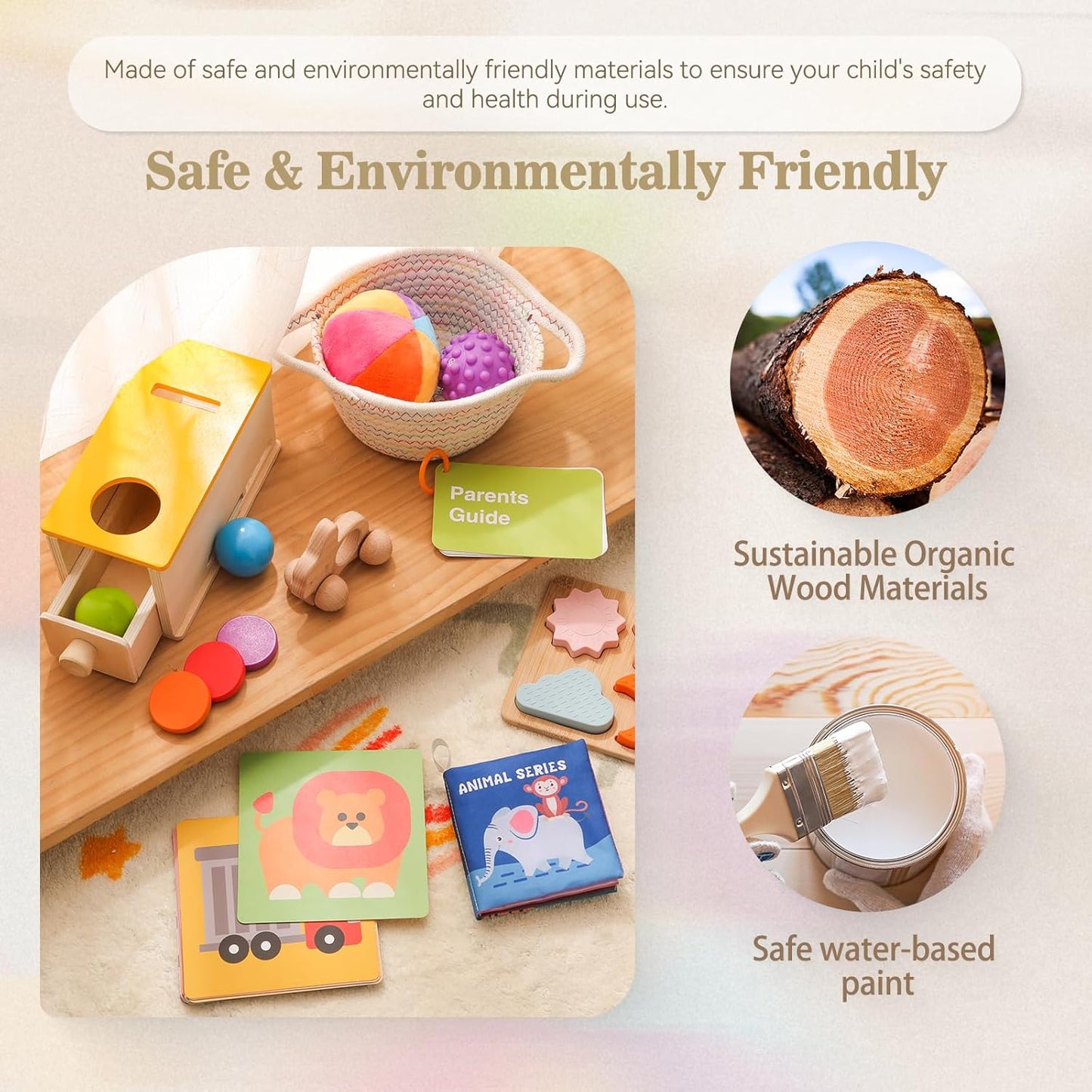 Montessori Toys for Babies 6-12 Months 6 in 1 Learning Educational Toy Set Wooden Toys Play Kit Includes Object Permanence Box, Touch & Match Board, Sensory Ball & Treasure Basket, Soft Baby Book