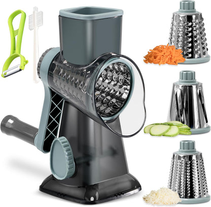 ERGONOW Rotary Cheese Grater Rotary Handheld with 3 Interchangeable Blades, Handheld Vegetable Slicer, Vegetable Chopper for Nuts, Fresh Cheese, and Vegetables, Upgraded Union Body Design (Blue)