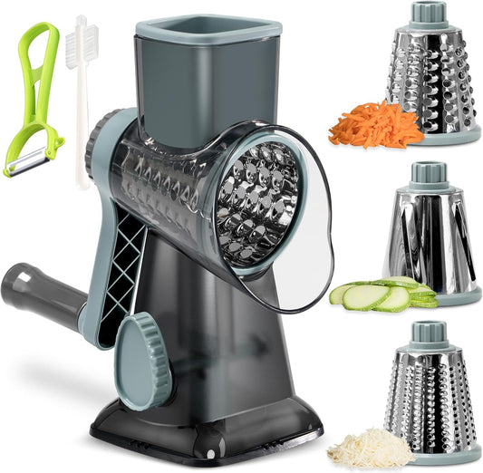 ERGONOW Rotary Cheese Grater Rotary Handheld with 3 Interchangeable Blades, Handheld Vegetable Slicer, Vegetable Chopper for Nuts, Fresh Cheese, and Vegetables, Upgraded Union Body Design (Blue)