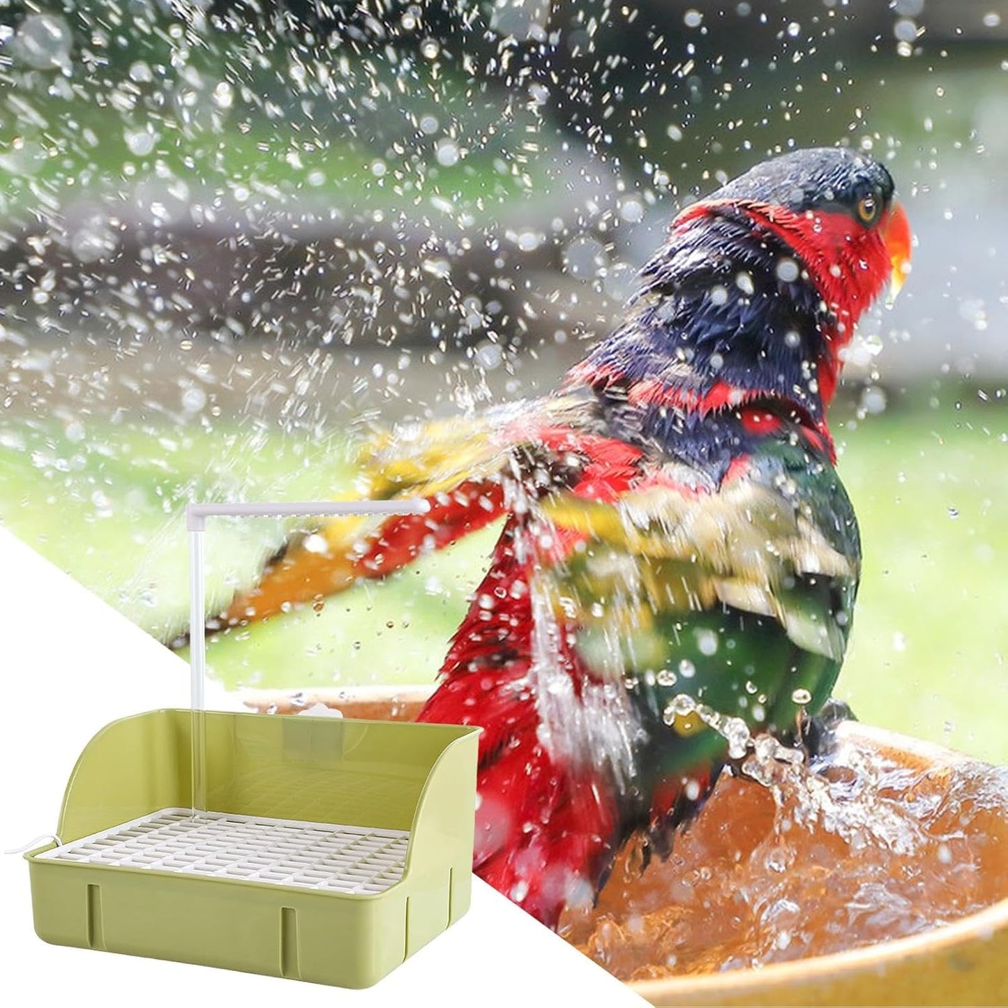 Automatic Water Circulation Parrot Shower, Electric Bird Bathtub, Multi-Purpose Bathing Station with Gentle Flow Peonies, Medium Parrots, Budgies, And Parakeets, 20.5cm Green White