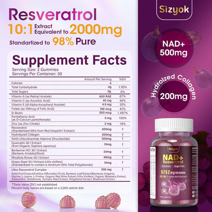 NAD Resveratrol Gummies - NAD Supplements for Women with Hydrolyzed Collagen, Grape Seed, D-Biotin Support Antioxidant, Anti-Aging, Skin, Joint, Brain Wellness, Sugar Free 60 Gummies，90