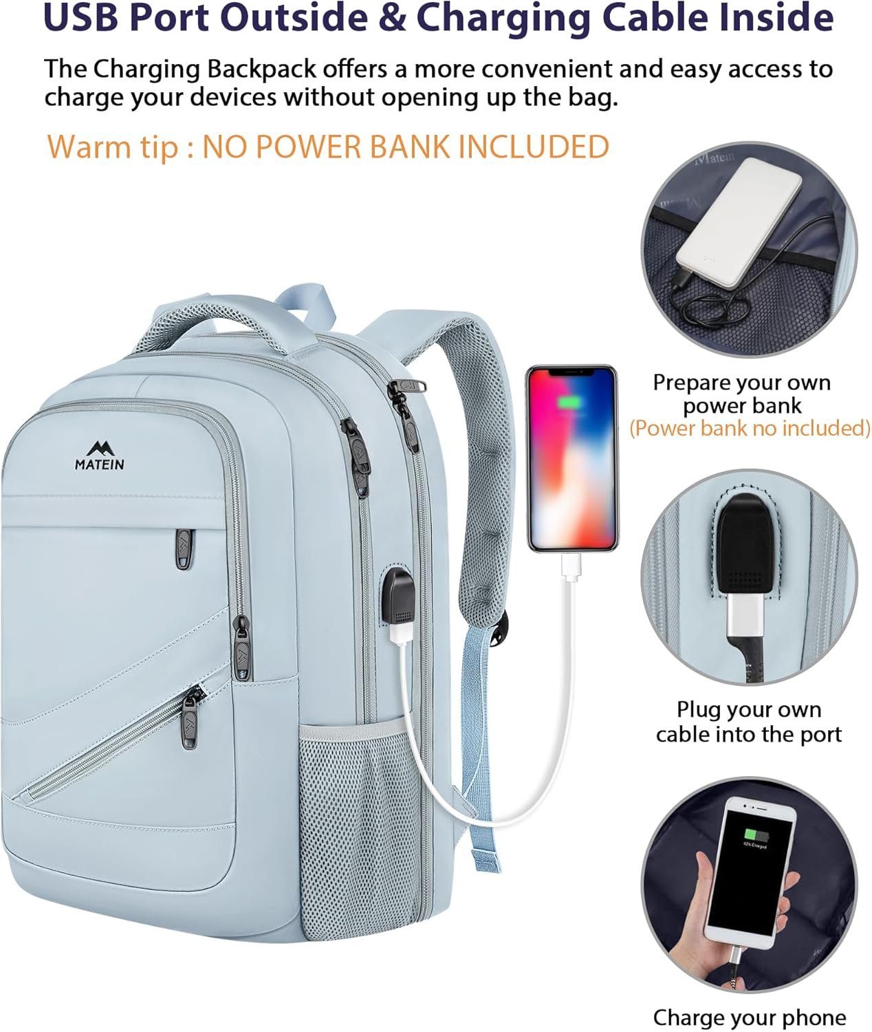 MATEIN 18 Inch Laptop Backpack for Women, TSA Approved Computer Rucksack with USB Charger Port and Luggage Strap, Extra Large Anti Theft Backpacks for Travel College Business Work, Haze Blue