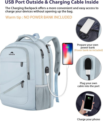 MATEIN 18 Inch Laptop Backpack for Women, TSA Approved Computer Rucksack with USB Charger Port and Luggage Strap, Extra Large Anti Theft Backpacks for Travel College Business Work, Haze Blue