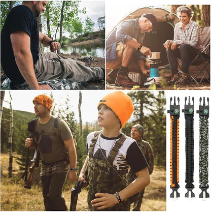 6 Pack Paracord Survival Bracelet, multitools, fire starter, compass, and whistle. Perfect for hiking, camping, fishing and hunting gear emergency kit.(Orange and black, black, army green, 2 pieces each)