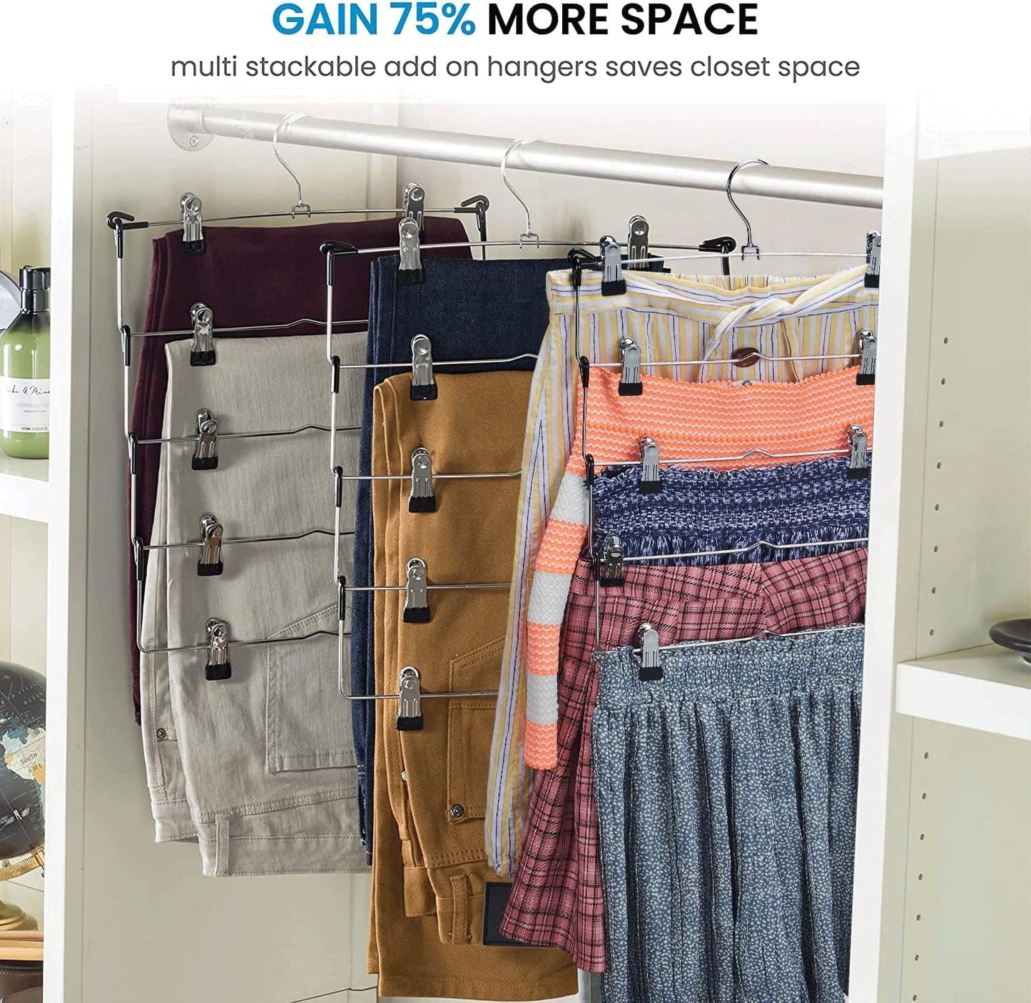 Zober 5-Tier Skirt Hangers with Clips - Metal, Non-Slip Space Saving Pants Hangers W/Adjustable Clips & Swivel Hooks - Skirt Hangers for Women (3-Pack)