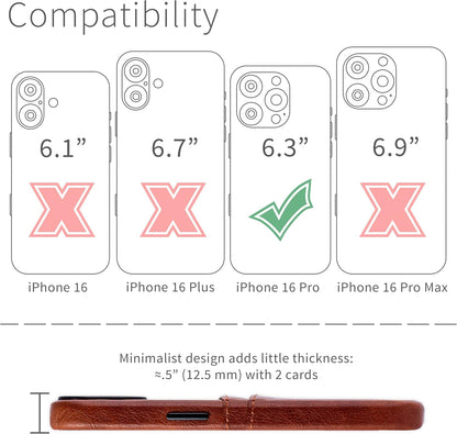 Dockem Card Case for iPhone 16 Pro with Built-in Metal Plate for Magnetic Mounting & 2 Card Holder Pockets: M2 Exec Premium Synthetic Leather Wallet Case (Brown)