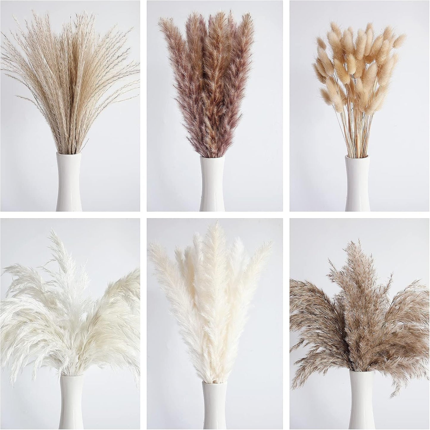 110pcs Dried Pampas Grass Bouquet,Boho Table Decoration,Dried Bunny Tails Flowers,Brown Pompas,White Pampas Grass for Wedding,Rustic Party,Baby Shower Decorations