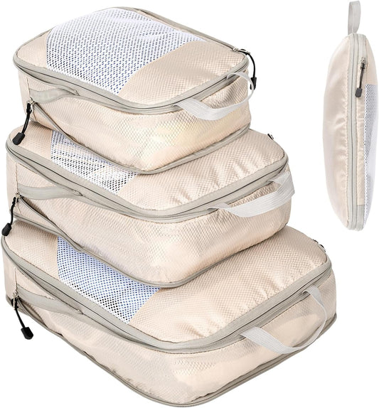 Space-Saving Suitcase Organizer Travel Organizer Suitcase Compression Travel Useful Accessories Waterproof Travel Bags for Underwear Footwear Clothes Fabric, Beige, 3 Pieces