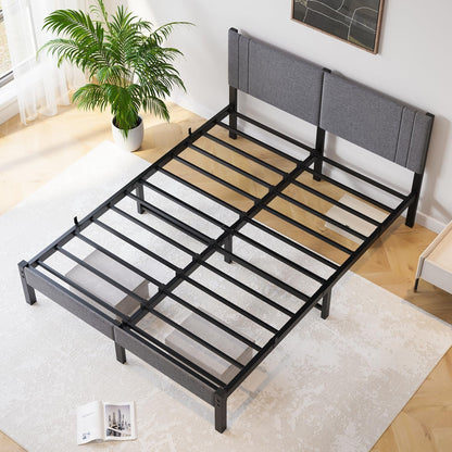 Queen Bed Frame, DUMEE Bed Frame Queen Size with Upholstered Headboard, Upholstered Bed Frame with Metal Slats Enhanced Support, No Box Spring Needed, Dark Gray Queen Bed