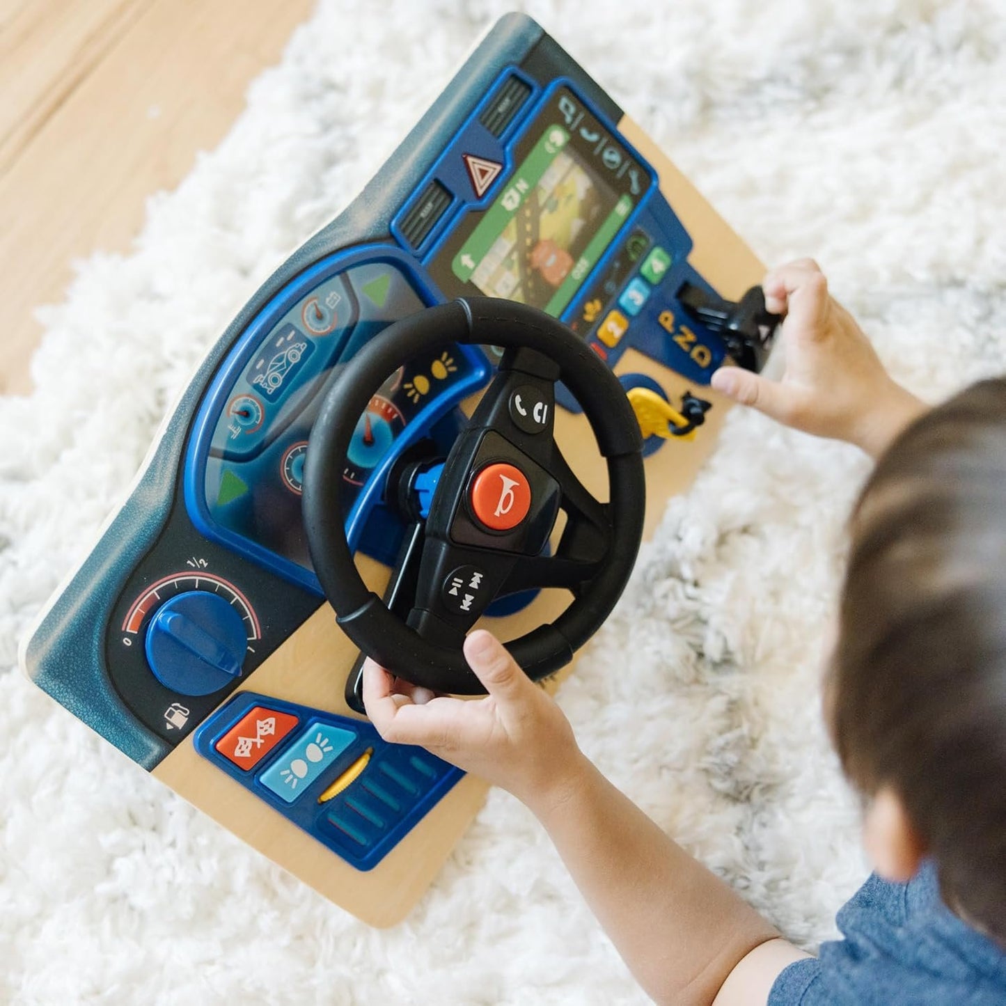 Melissa & Doug Vroom & Zoom Interactive Wooden Dashboard Steering Wheel Pretend Play Driving Toy | Kids Activity Board, Toddler Sensory Toys For Ages 3+ Blue