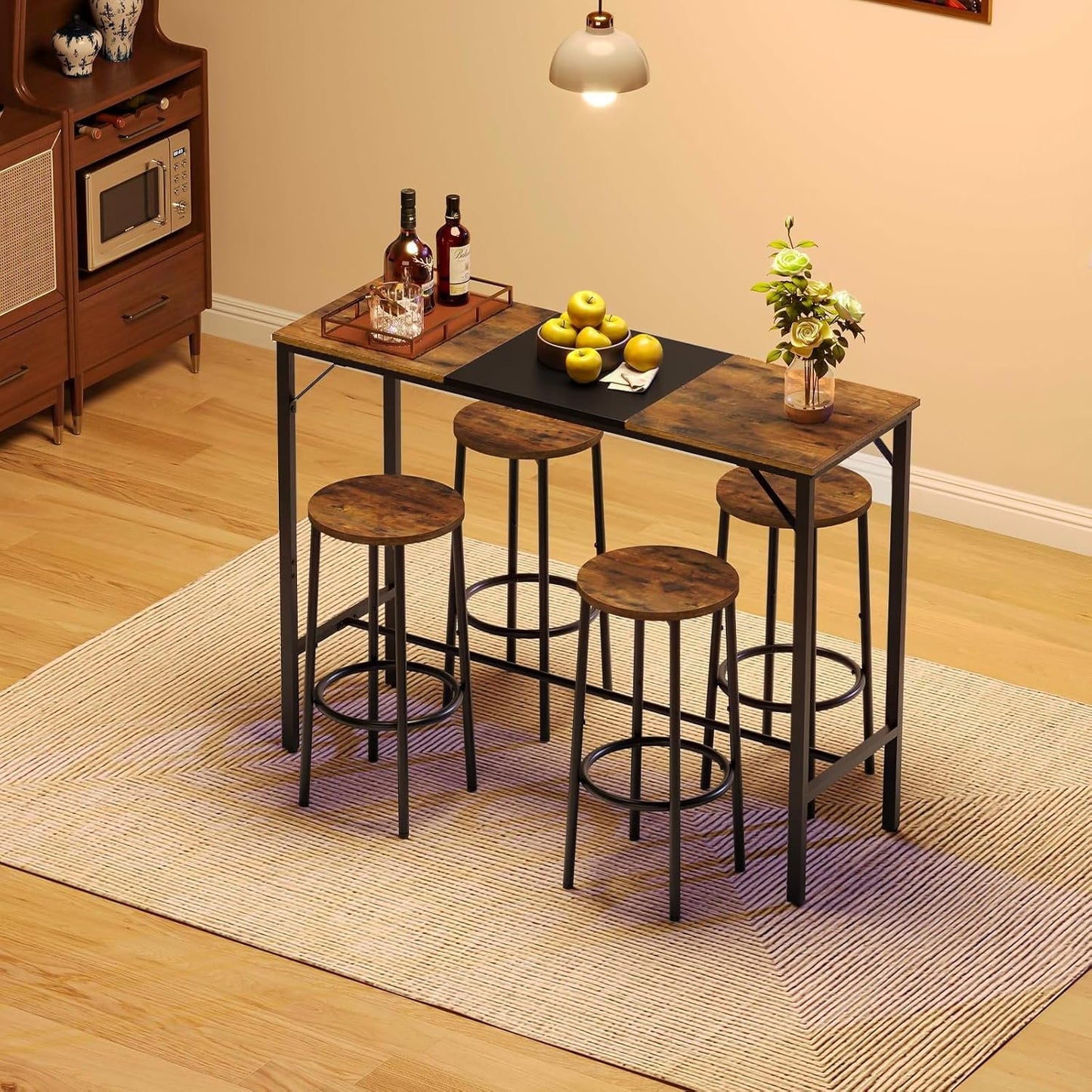 HOOBRO Bar Table, 120 cm Rectangular Pub Table, Tall Counter Height Pub Table, Long Color-Block Bar Tabletop, for Dining Room, Living Room, Bar, Pub, Rustic Brown and Black BF12BT01