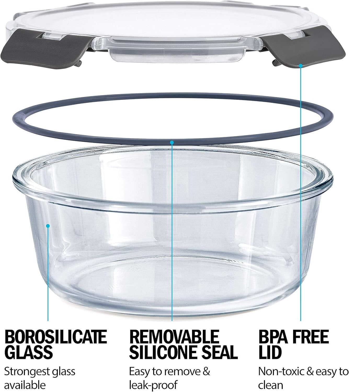 Igluu Meal Prep - Set of 3 Stackable Glass Round Containers - Lunch Box for Food Storage, Freezer, Microwave & Oven - Dishwasher-Safe, BPA-Free - Airtight SnapLock Lids (Different Sizes)