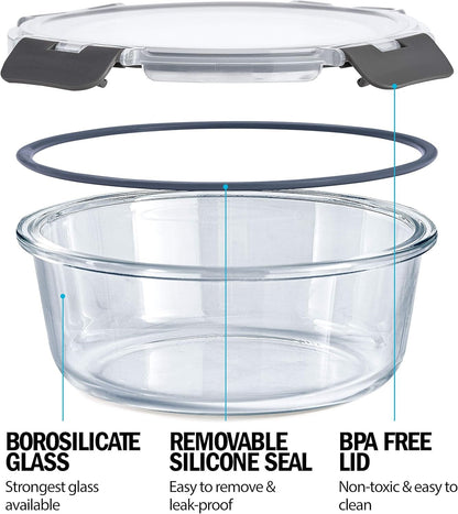 Igluu Meal Prep - Set of 3 Stackable Glass Round Containers - Lunch Box for Food Storage, Freezer, Microwave & Oven - Dishwasher-Safe, BPA-Free - Airtight SnapLock Lids (Different Sizes)