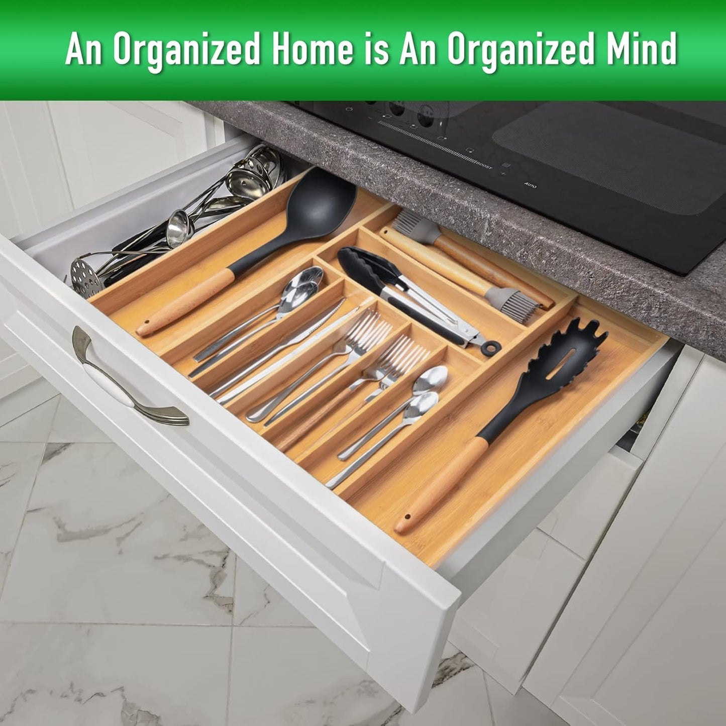 Besilord Silverware Organizer Acacia Wood Utensil Organizer Acacia Kitchen Drawer Organizer Silverware Holder Cutlery Organizer in Drawer Flatware Organizer（9 Slot, Natural)