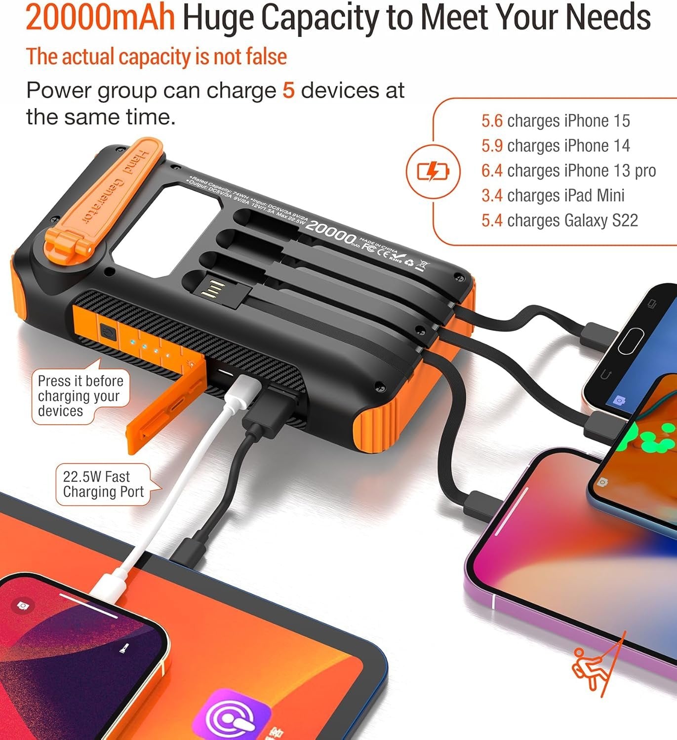 OOPOWEROO Solar Power Bank 20000mAh Built in Hand Crank and 4 Cables 22.5W Fast Charge Power Bank 5 Outputs & 5 Inputs Solar Portable Charger, SOS/Strobe/Strong Flashlights, Carabiner (Orange)