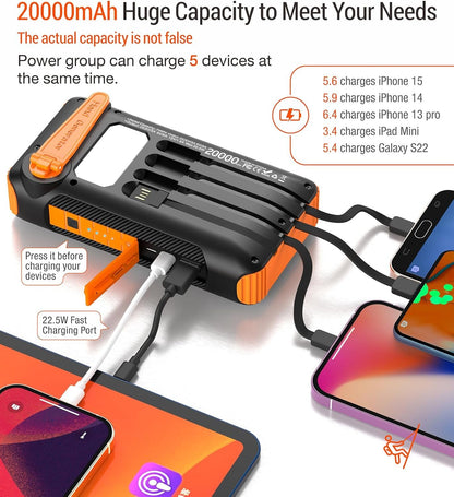 OOPOWEROO Solar Power Bank 20000mAh Built in Hand Crank and 4 Cables 22.5W Fast Charge Power Bank 5 Outputs & 5 Inputs Solar Portable Charger, SOS/Strobe/Strong Flashlights, Carabiner (Orange)
