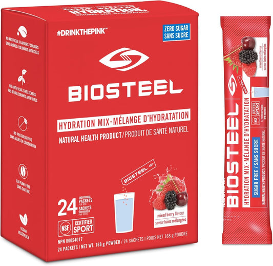 BioSteel Hydration Mix, Proudly Canadian - Great Tasting Hydration with Zero Sugar, and No Artificial Flavours or Preservatives, Mixed Berry Flavour, 24 Single Serving Packets