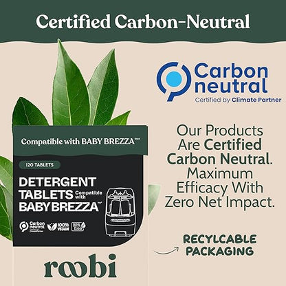 Roobi Detergent Tablets Compatible with Baby Brezza Bottle Washer Pro. Removes Milk Residue & Odor, Hypoallergenic Carbon Neutral Formula. 120 Count.