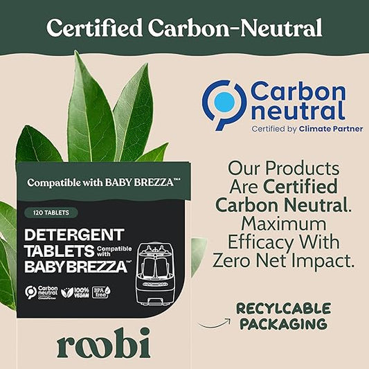 Roobi Detergent Tablets Compatible with Baby Brezza Bottle Washer Pro. Removes Milk Residue & Odor, Hypoallergenic Carbon Neutral Formula. 120 Count.