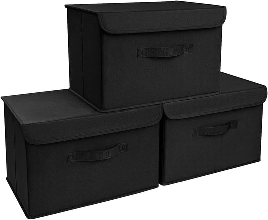 DIMJ 3 Pack Storage Boxes with Lid, Fabric Baskets Closet Storage Bins with Handles Cube Baskets Organization for Home, Office, Nursery(Black)