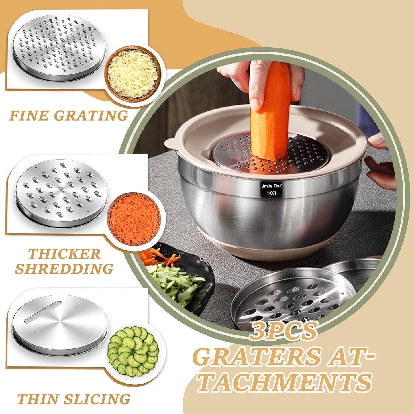 Umite Chef Mixing Bowls with Airtight Lids Set, 26PCS Stainless Steel Khaki Grater Attachments, Non-Slip Bottoms & Kitchen Gadgets Size 7, 4, 2.5, 2.0,1.5, 1QT, Great for Serving