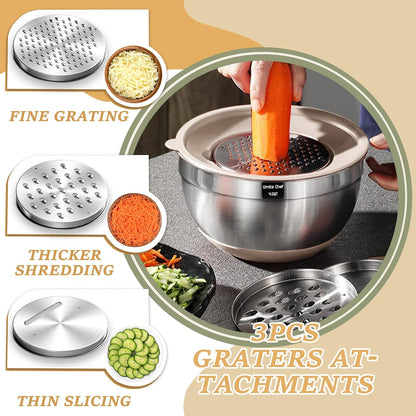 Umite Chef Mixing Bowls with Airtight Lids Set, 26PCS Stainless Steel Khaki Grater Attachments, Non-Slip Bottoms & Kitchen Gadgets Size 7, 4, 2.5, 2.0,1.5, 1QT, Great for Serving