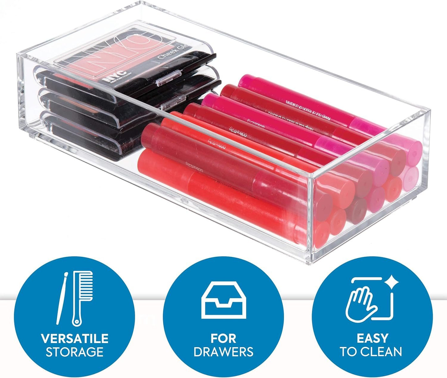 iDesign Clarity Plastic Drawer Organizer, Storage Container for Cosmetics, Makeup, and Accessories on Vanity, Countertop, Bathroom, or Cabinet, 8" x 4" x 2", Clear