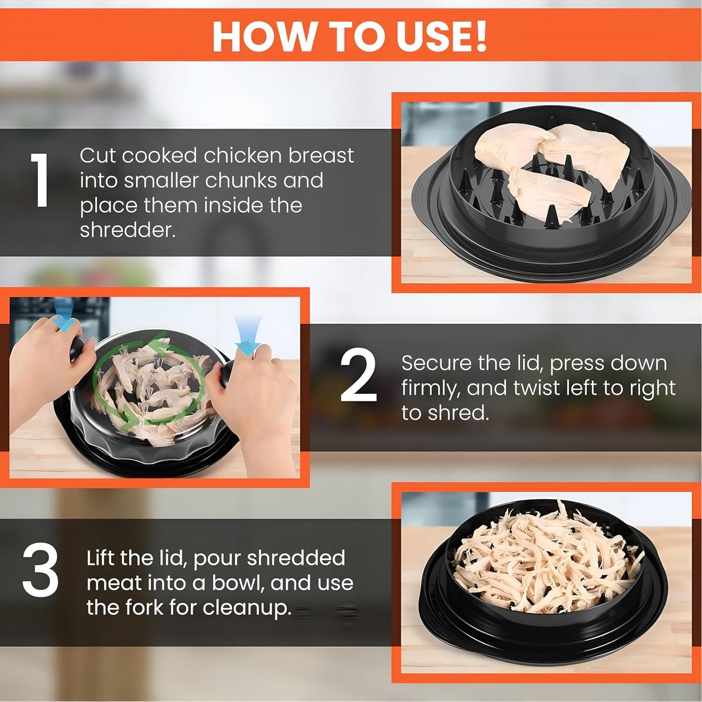 Chicken Shredder Tool Twist Large - 10'' Meat Shredder for Chicken Breast,Visible Kitchen Gadgets Meat Grinder Machine with Brush,Strong Anti-Slip Strip,BPA Free, Suitable for Pork Beef Chicken