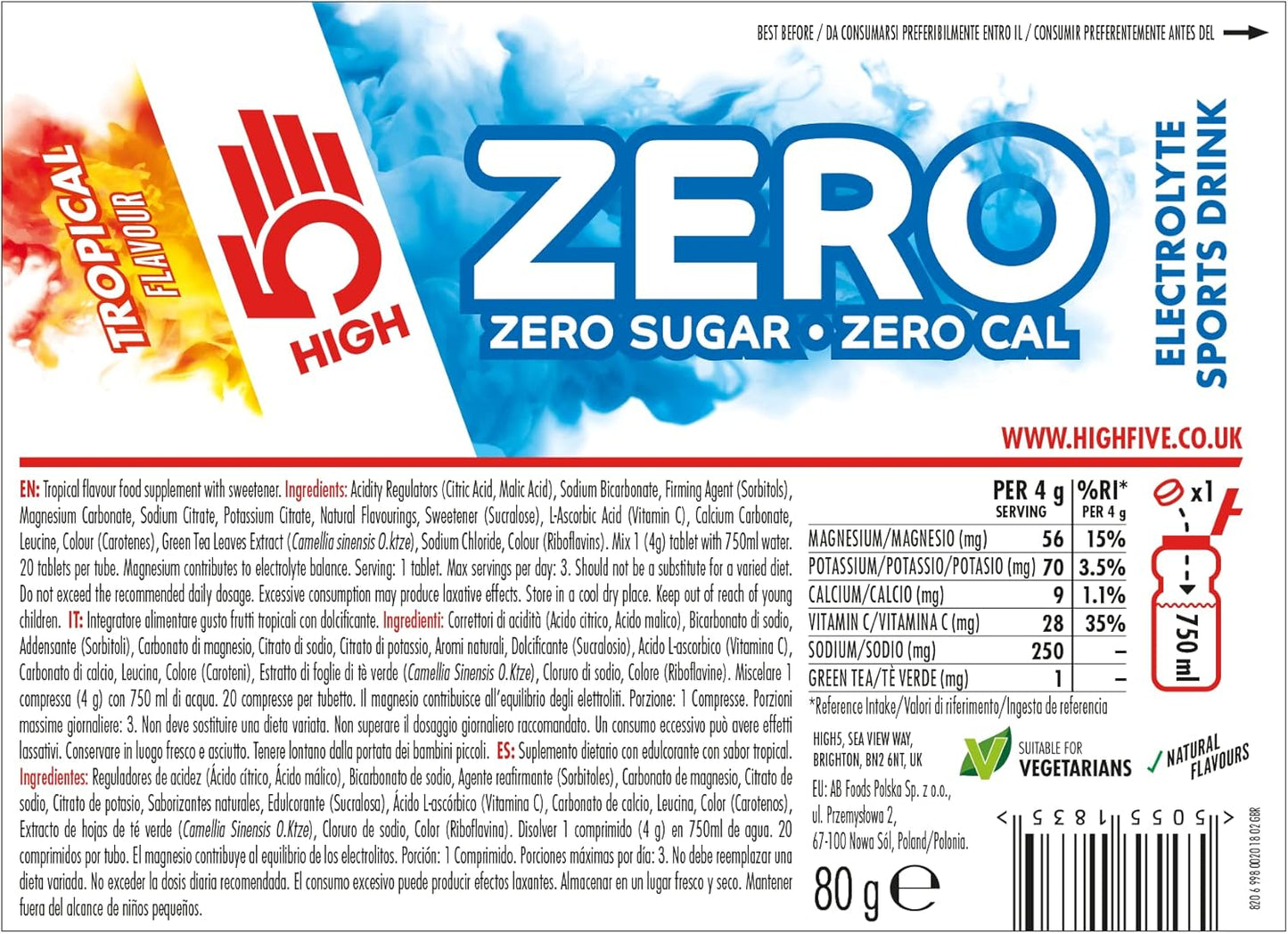 HIGH5 ZERO Electrolyte Hydration Tablets Added Vitamin C - (Tropical, 20 Tab Tube)