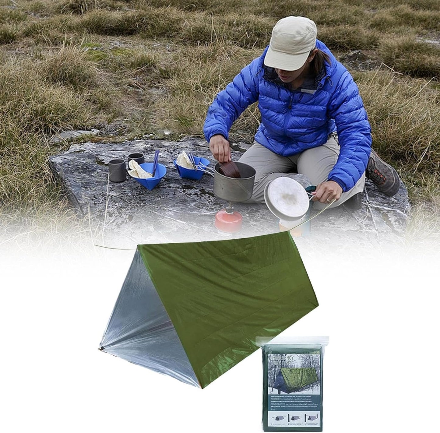 Shelter Survival Tent, 2-Person Outdoor Camping Tent, Lightweight Windproof Waterproof Lifesaving Gear Tarp Sleeping Bag Thermal Sack Blanket for Camping Hiking Outdoor Activities