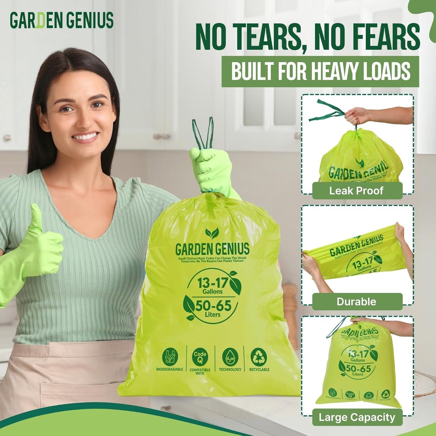 Biodegradable 13-17 Gallon Code-Q Kitchen Waste Bags (50 Pack) | Strong Heavy-Duty Tall Trash Bags w/Drawstring | Fits Simplehuman & Standard Cans | Eco-Friendly D2W, 30 Micron Thick | 25.6" x 33.5"