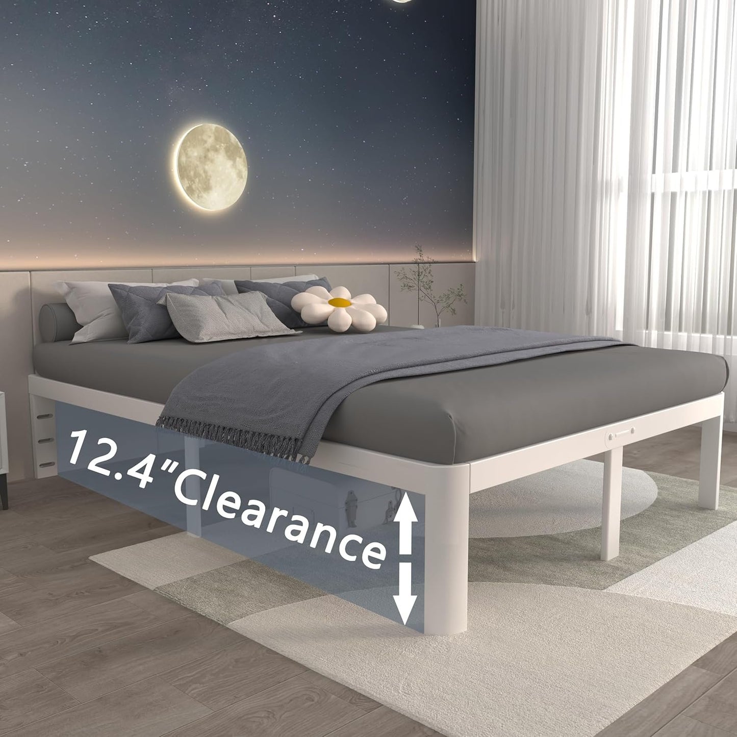 ITIMIDI 14 Inch White Full Size Bed Frame with Round Legs, Metal Platform Bed Frame Full No Box Spring Needed, DIY Headboard, Heavy Duty Steel, Noiseless, Storage Space, Easy Assembly