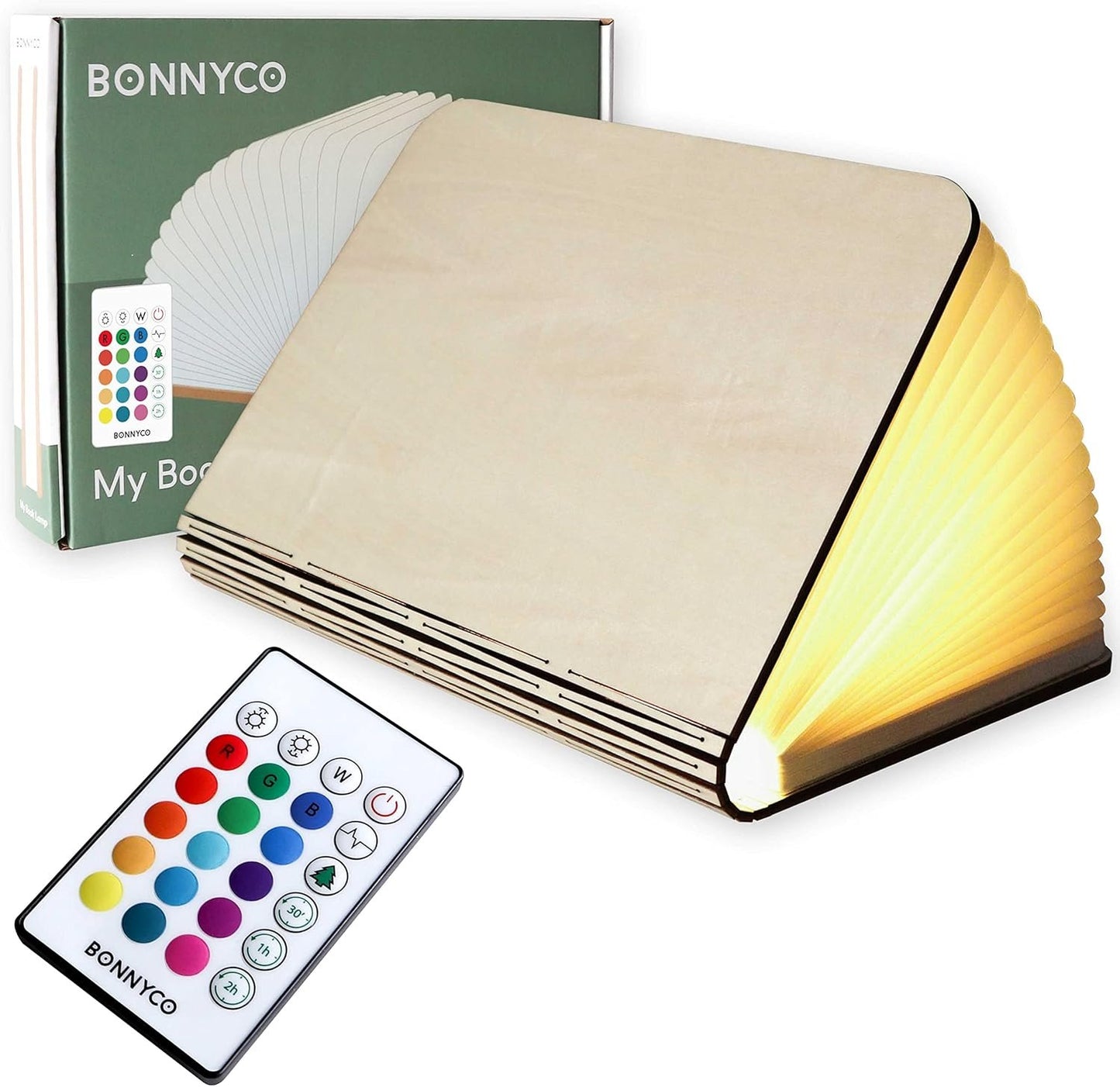 BONNYCO LED Folding Wooden Book Lamp with Remote Control 16 Colours and Timer Lamp Book Decorations Home, Bedroom and Office | Original Gift Idea for Women and Men for Birthday Christmas