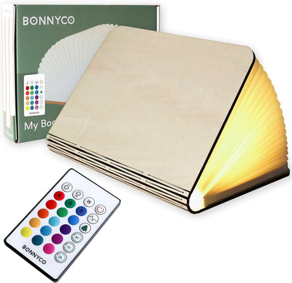 BONNYCO LED Folding Wooden Book Lamp with Remote Control 16 Colours and Timer Lamp Book Decorations Home, Bedroom and Office | Original Gift Idea for Women and Men for Birthday Christmas