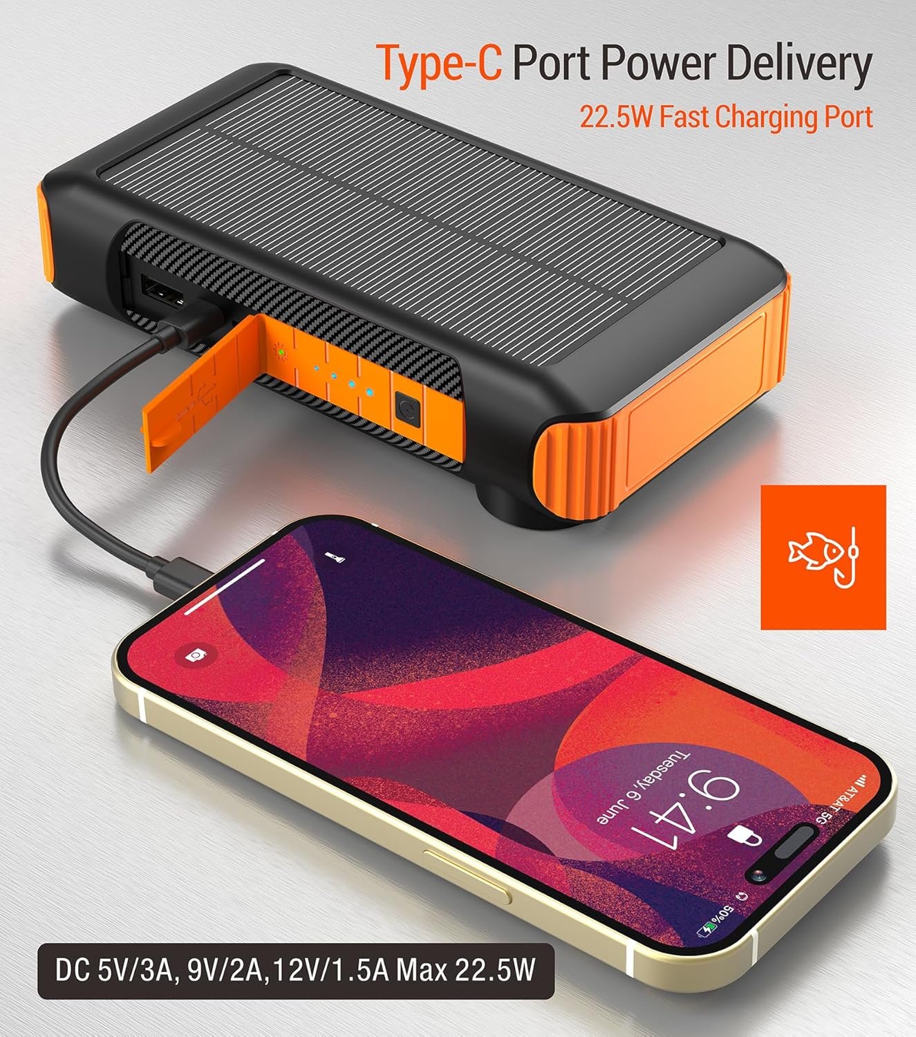 OOPOWEROO Solar Power Bank 20000mAh Built in Hand Crank and 4 Cables 22.5W Fast Charge Power Bank 5 Outputs & 5 Inputs Solar Portable Charger, SOS/Strobe/Strong Flashlights, Carabiner (Orange)