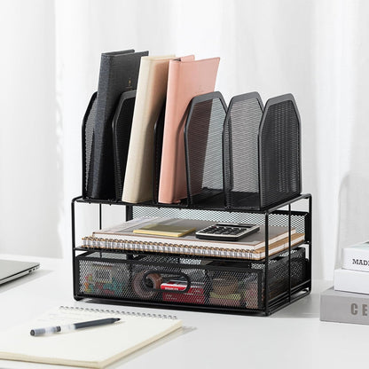 Amazon Basics Mesh Desk Organizer with Sliding Drawer, Double Tray and 5 Upright Sections, Black