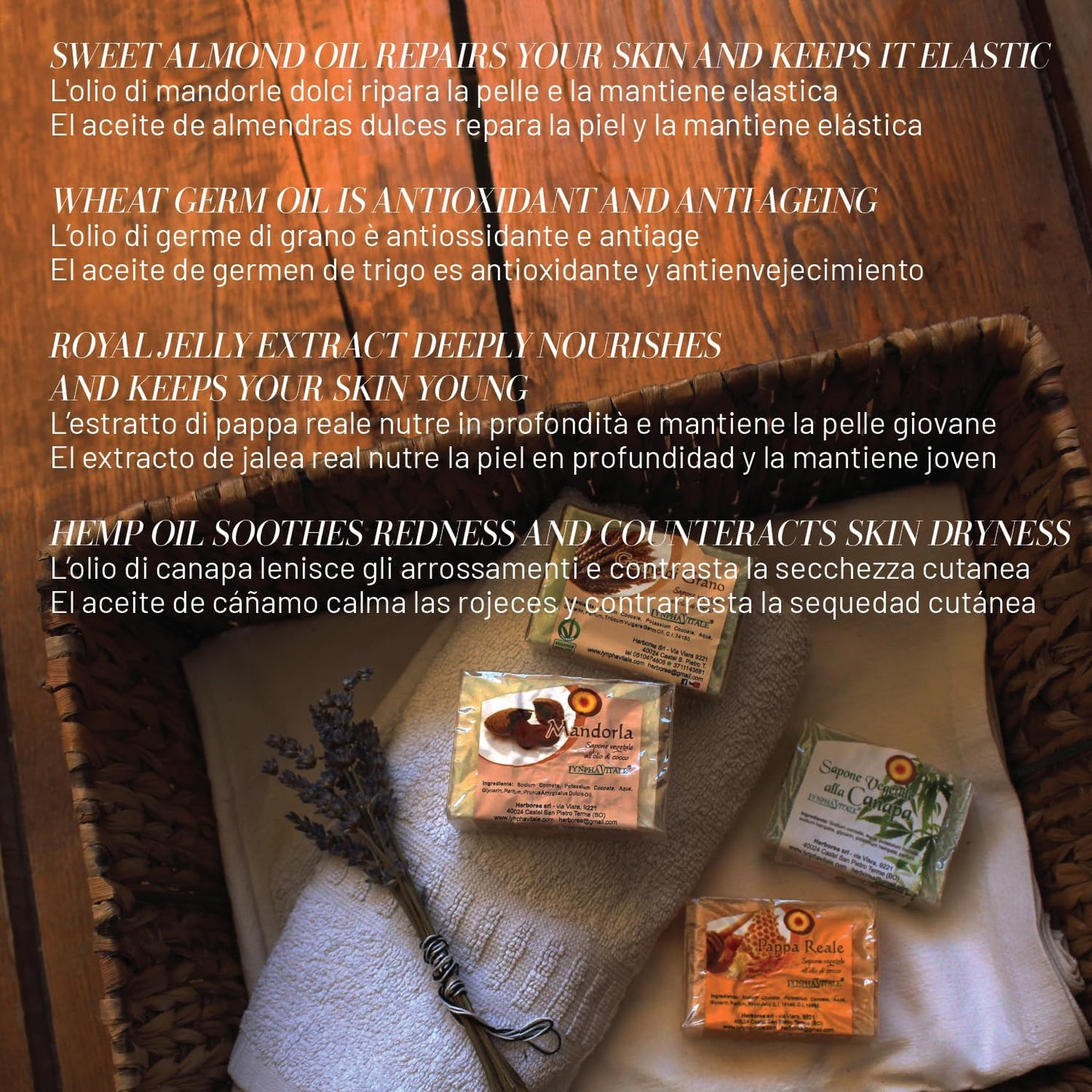 LYNPHA VITALE - Handmade Soap Kit - Almond, Wheat Germ, Royal Jelly and Hemp - 3 Made in Italy Soaps based on Coconut Oil